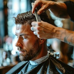 Man having his hair cut in a barbershop, holding scissors in one hand and combing another person's head with the other. Modern salon environment, creating a professional working atmosphere