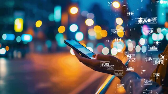 Woman enjoying digital content on her phone, with futuristic digital interface elements