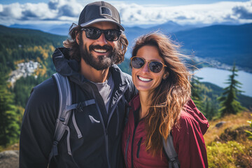 Smiling couple in outdoor hiking gear, standing together with a scenic mountain and lake view behind them, embodying adventure and joy.