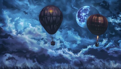 Fototapeta premium Midnight Ride: Two Hot Air Balloons Under the Moonlit Sky - AR 7:4