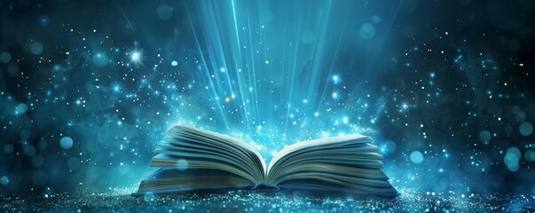 A blue background with an open book and glowing pages floating in the air