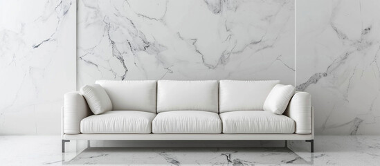 Elegant white sofa in a minimalist room with marble accents.