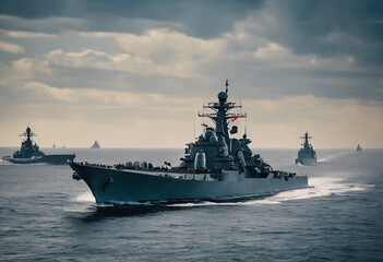 Naklejka premium A group of many warships at sea