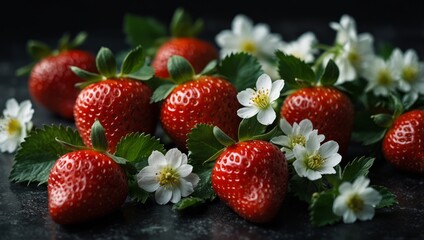 Group of red strawberries on dark surface surrounded by green leaves and white flowers.