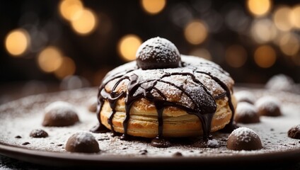 A pastry coated in chocolate sauce and dusted with powdered sugar.