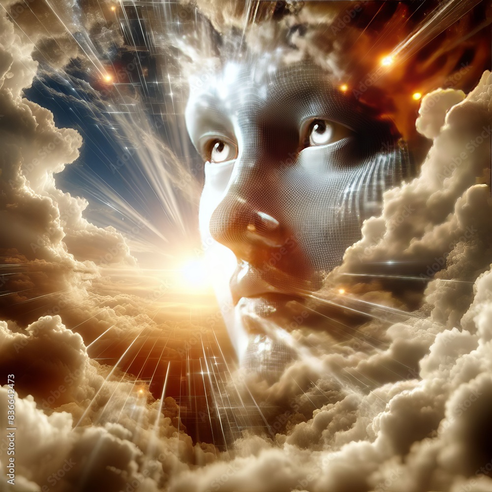 Poster a visionary digital face, illuminated by sunlight, emerges from a dynamic cloudscape. this artwork c