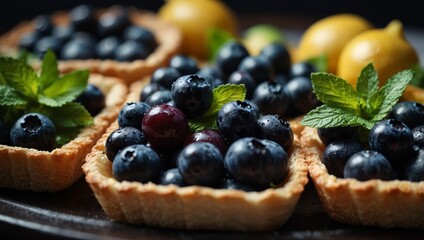 Three tarts featuring lemons, blueberries, and mint arranged on a tray alongside lemons and blueberries.