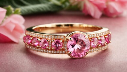 A stunning ring design adorned with a bright pink gemstone