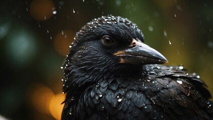 Obraz premium A tight shot of a black bird, adorned with water droplets on its face and beak.