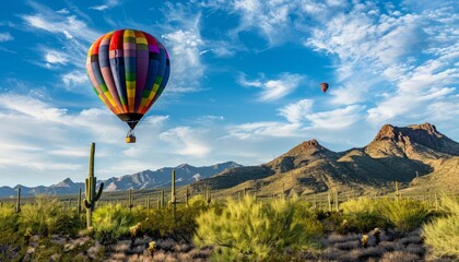 Fototapeta premium Sunrise Serenity: Hot Air Ballooning over the Sonoran Desert in Tucson
