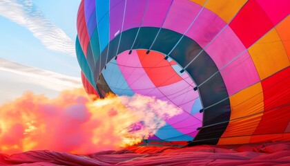 Fototapeta premium Up, Up, and Away: The Vibrant Inflation of a Hot Air Balloon