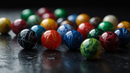 Marbles clustered on black surface, various colored marble tops.
