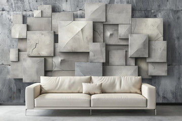 Grey squares 3D wall art with a cream sofa.