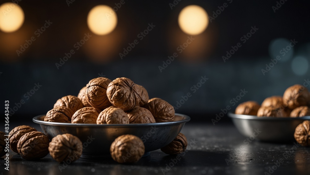 Wall mural A group of walnuts sits atop a metal counter, beside a mound of walnuts on a nearby table. - Wall murals