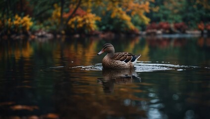 A duck standing on water with autumn foliage in the background.