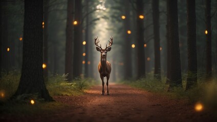 Deer stands in lit forest, tall trees, path.
