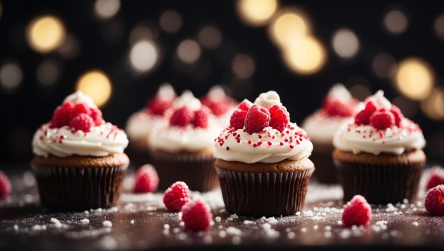 Close-up shot of cupcakes featuring white frosting and raspberry toppings.