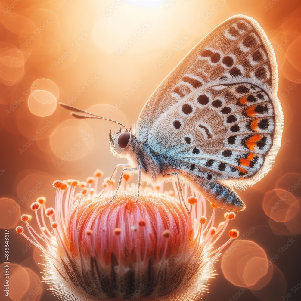 Poster a detailed close-up of a butterfly perched on a vibrant flower, with a beautiful bokeh effect in the