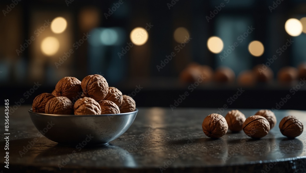 Wall mural A group of walnuts sits atop a metal counter, beside a mound of walnuts on a nearby table. - Wall murals