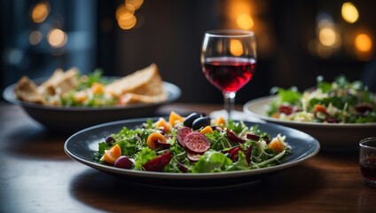 a plate filled with food, a glass of wine, and a bowl of salad.
