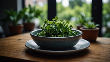A photo of a dish of food on a table surrounded by a green plant and a pot with foliage.