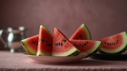 A group of watermelon slices on a pink plate on a pink table.