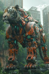Fototapeta premium A robotic tiger stands amidst a cityscape, its metallic body blending with the urban jungle.