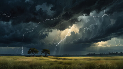 Watercolor painting: A dramatic, stormy sky over a grassland landscape, with lightning illuminating the scene and casting an eerie light on the terrain,