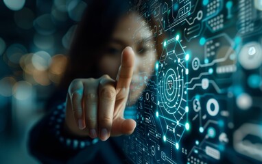 A woman's finger points at a glowing digital interface, representing innovation and technological advancement.