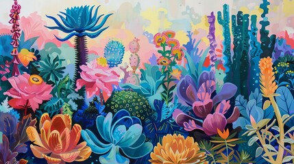 A painting of a colorful garden with cacti and succulents