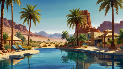 Fototapeta premium Watercolor painting: A mirage of an oasis in the scorching desert heat, with a shimmering pool of water and a few palm trees offering a momentary refuge,