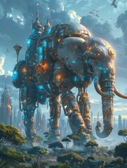 A colossal robotic elephant stands tall against a futuristic cityscape, its metallic form glowing with intricate machinery.