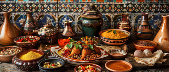 Fototapeta premium A table with a variety of food and dishes, including a plate of chicken