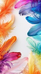 A group of colorful feathers on a white surface