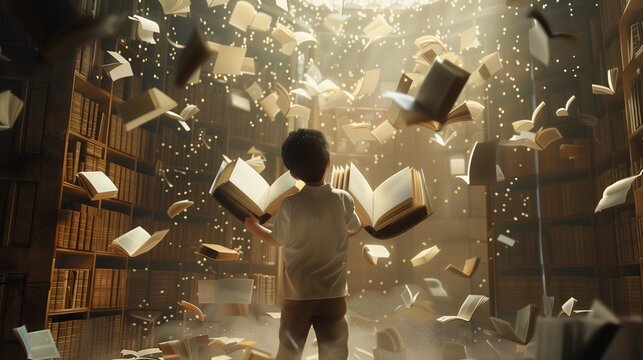 In a scene straight out of a fantastical dream, a boy stands atop an opened book, his gaze fixed upon a mesmerizing array of books suspended in the air around him. 
