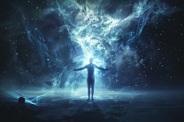 Glowing figure with outstretched arms in mystical dark space