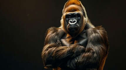 A powerful gorilla stands with arms crossed, gazing intensely at the viewer against a dark background.