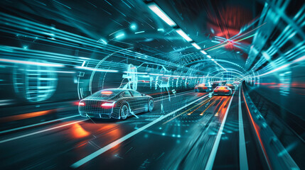 Self driving vehicles in an underground tunnel. Concept of integration of Ai technology in traffic control.