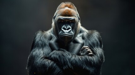 Obraz premium A powerful silverback gorilla with crossed arms stares intensely at the camera. Its dark, furrowed brow and powerful physique evoke a sense of strength and dominance.