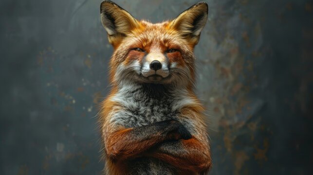 A red fox stands with its arms crossed, looking smug and confident. The fox has a mischievous grin on its face.