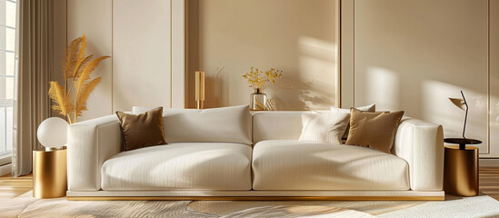 Luxurious minimalist living room with a cream sofa and gold accents.