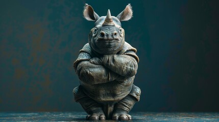 Obraz premium A rhinoceros with crossed arms, looking straight ahead, against a dark blue background. The rhinoceros appears to be wearing a jacket.