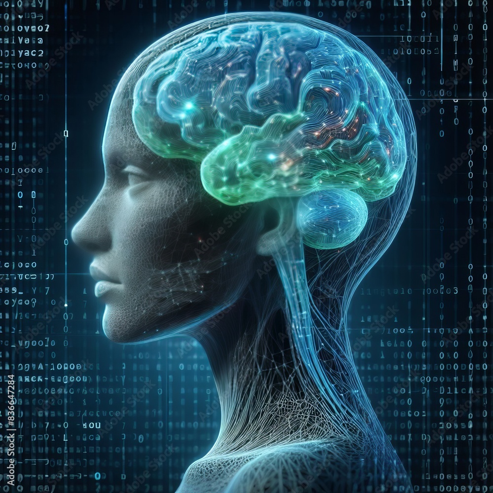Poster digital illustration of a female brain connected to a neural network, highlighting artificial intell