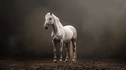 Naklejka premium A white horse stands in a misty field, its mane flowing in the breeze. The horse's coat is pristine white, and its eyes are dark and intense.