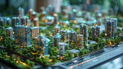 A smart city model with connected sensors and data points, illustrating the integration of technology in urban planning. Minimal and Simple,