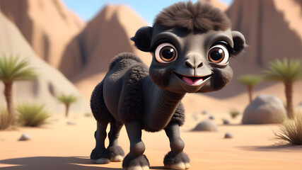 A cute black baby camel with big eyes, animated, cartoon, unreal, 8K. Center