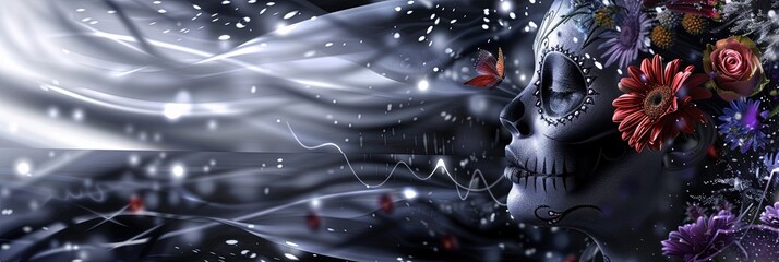 Fototapeta premium Calavera, floral, colorful, --ar 3:1 --sref 978 Job ID: 7bcc40e4-cdf4-4fec-a0df-023d4722ae55