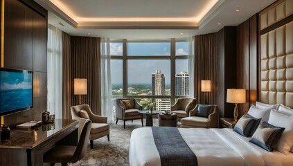 Fototapeta premium Luxury bedroom suite in resort high rise hotel with working table