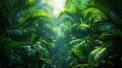 A dense jungle with exotic plants and vibrant birdlife, showcasing the rich biodiversity of tropical ecosystems. Minimal and Simple,