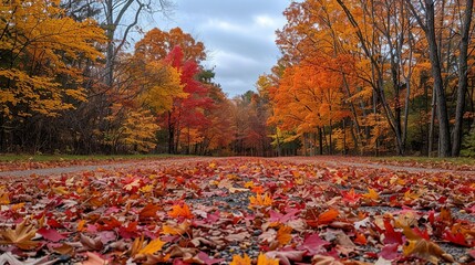 A picturesque autumn scene with trees in full fall colors and a carpet of fallen leaves, highlighting the changing seasons. Minimal and Simple,